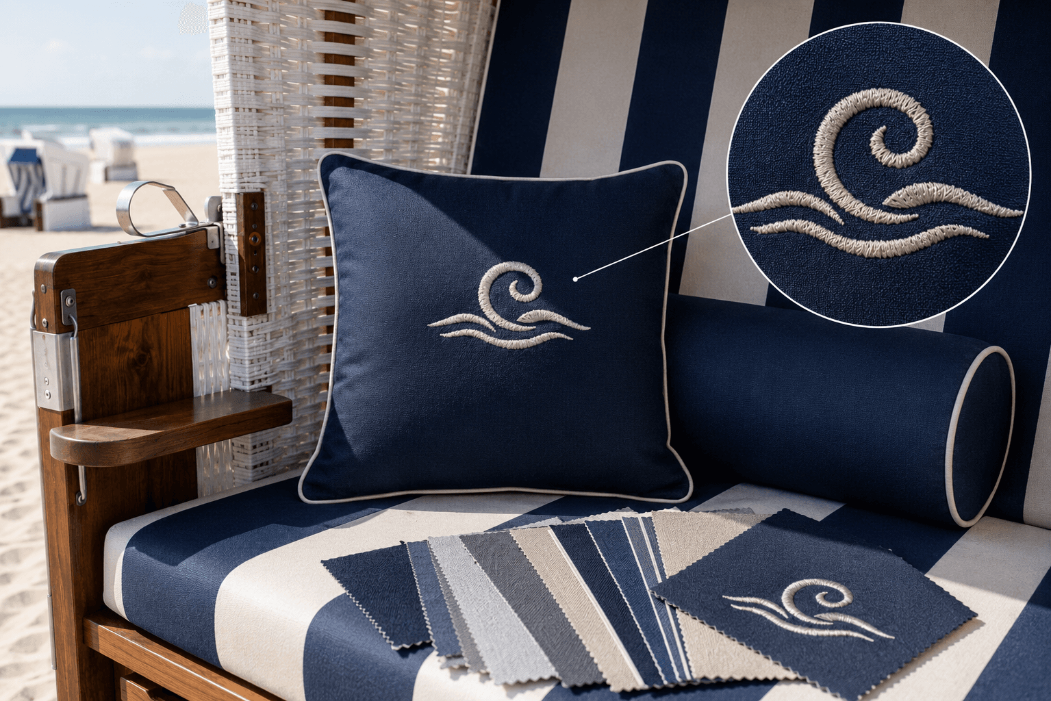 Logo auf dem Stoff eines gebrandeten Strandkorbs