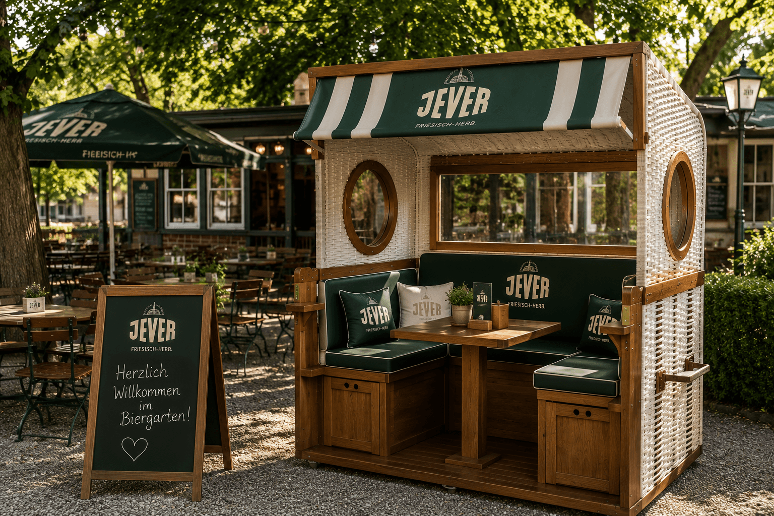 Biergarten mit gebrandeten Strandkörben und Loungebereichen