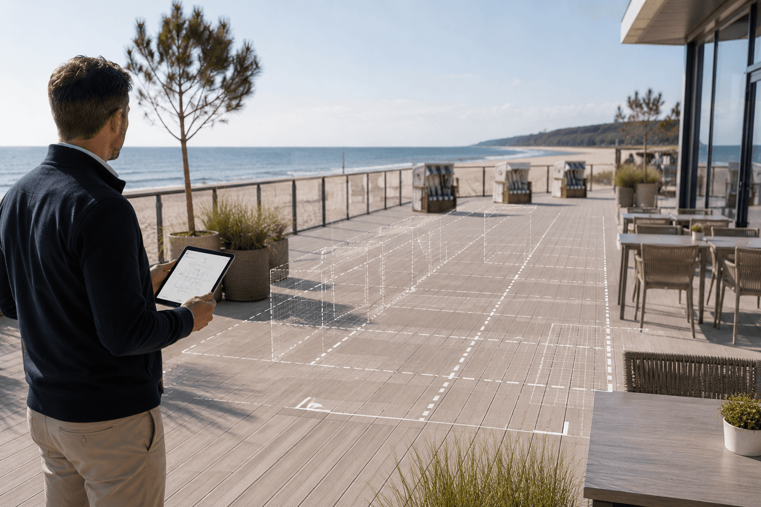 Außenbereich mit Strandkörben und Gastronomie
